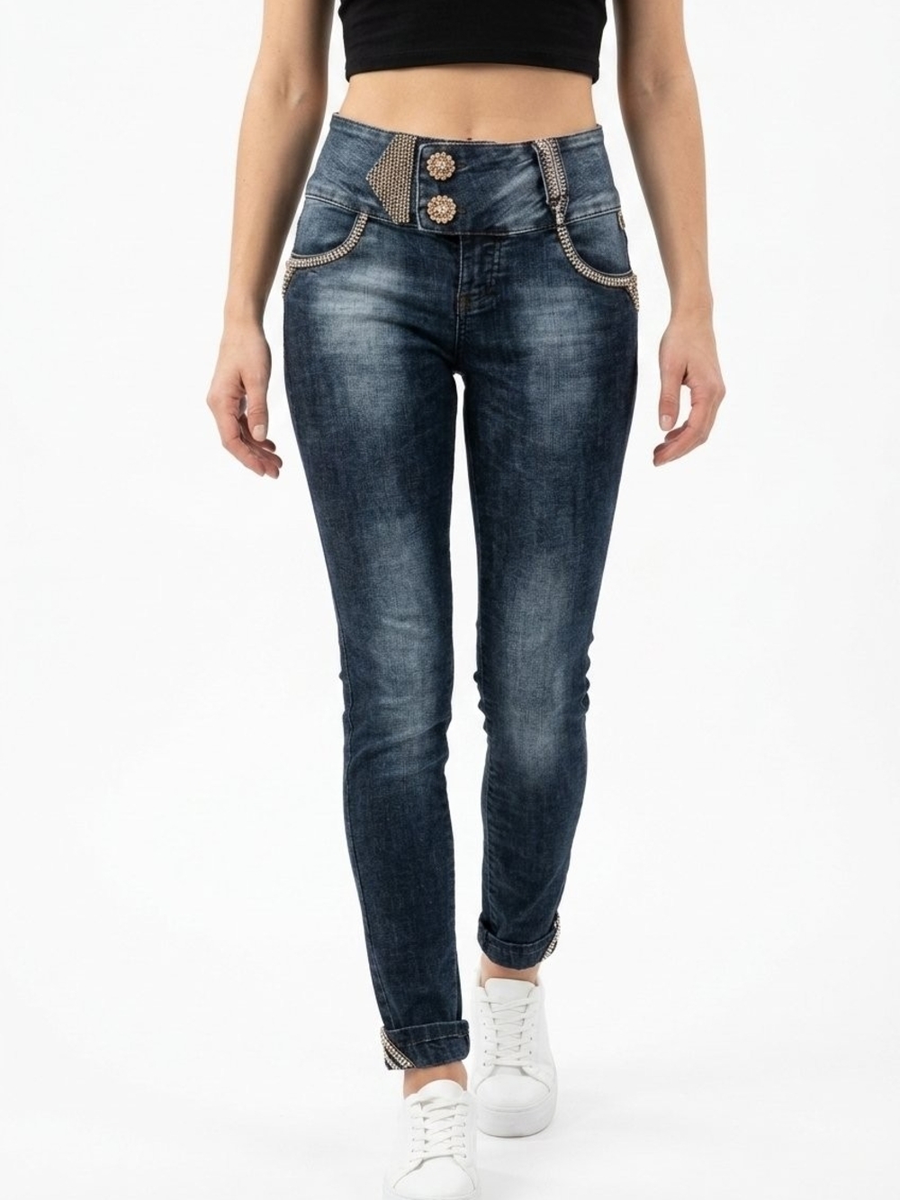 Embellished Dark Blue Skinny Jeans for Women